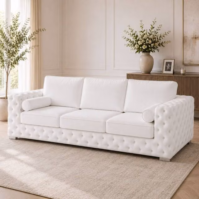 Stratus Interiors Ashley Luxury Chesterfield 3 Seater Fabric Upholstered Sofa in White, W: 203.2 cm, H: 76.0 cm, D: 67.0 cm – 1