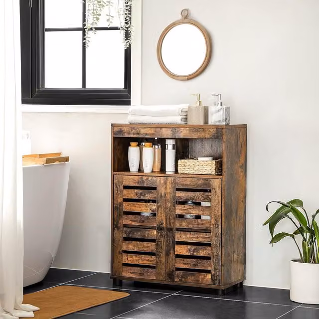 VASAGLE Brown Rustic Bathroom Cabinet with Louvered Doors and Internal Shelves