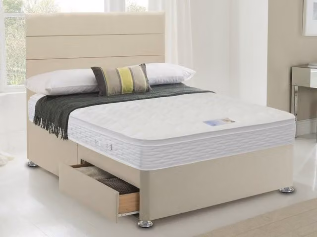 Highgrove Aspen Hybrid Memory Pocket 1500 Divan Bed with Drawers, Beige, W/D/H: 140 x 200 x 36 cm
