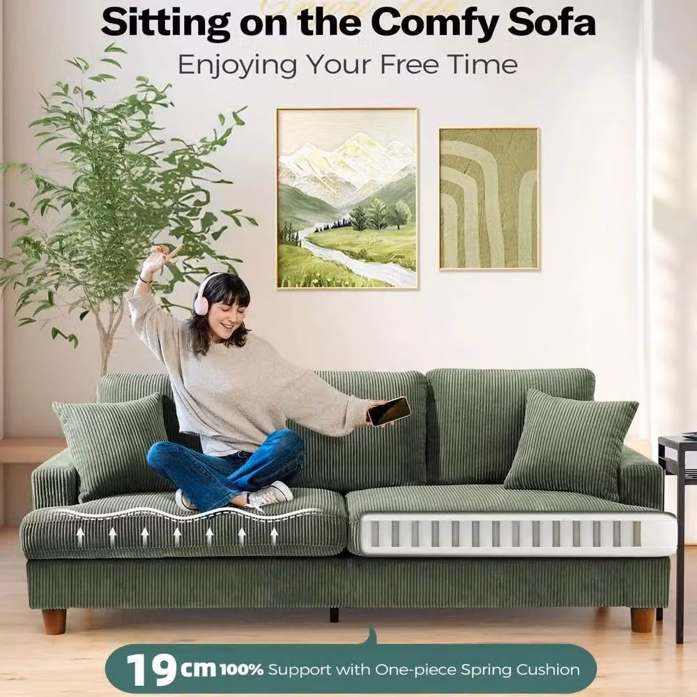 Dprodo Mid Century Modern 3 Seat Cord Upholstered Sofa in Green with Solid Wood Frame, W: 220 cm, H: 76 cm, D: 89 cm – 2