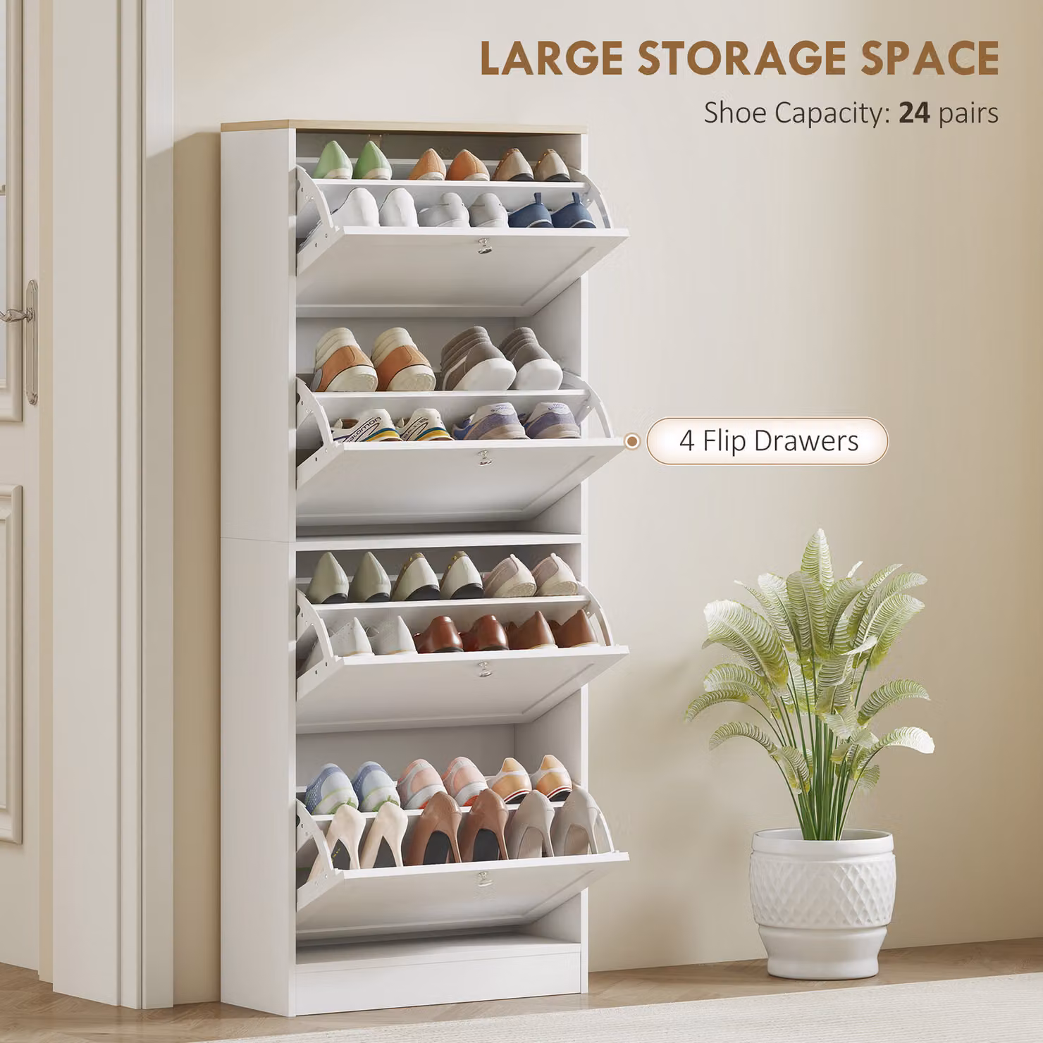 HOMCOM Modern White Compact Shoe Storage Cabinet with Tilting Compartments – 2