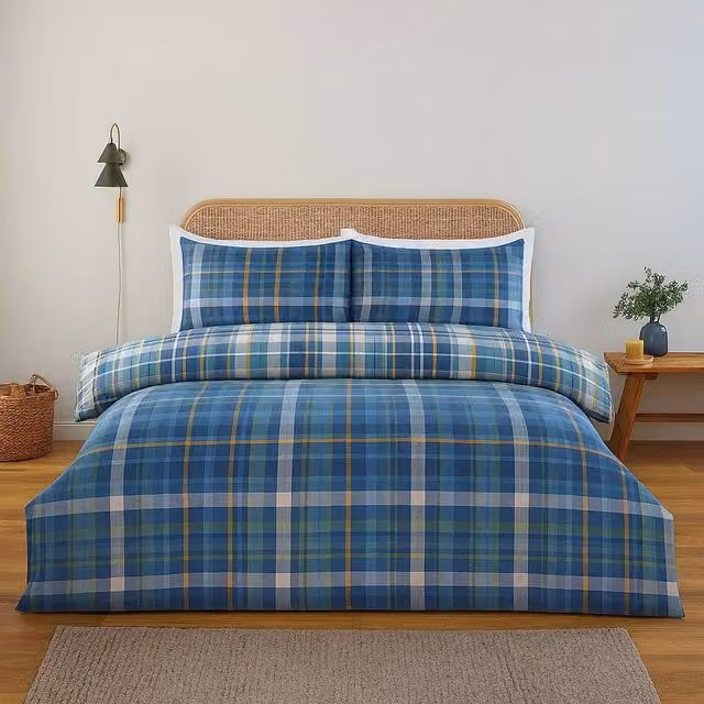 Rapport Home Regalia Blue Checked Microfibre Reversible Duvet Cover and Fitted Sheet Set with Button Closure, W/D/H: 200 x 220 x 140 x 200 cm – 1