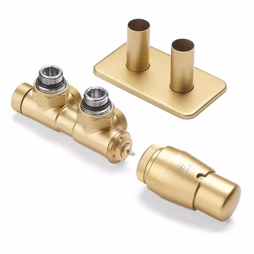 Terma Vario Twins Angled Accessory Valve Set in Brass with Integrated Thermostat and Pipe Masking, 50mm, Right Sided