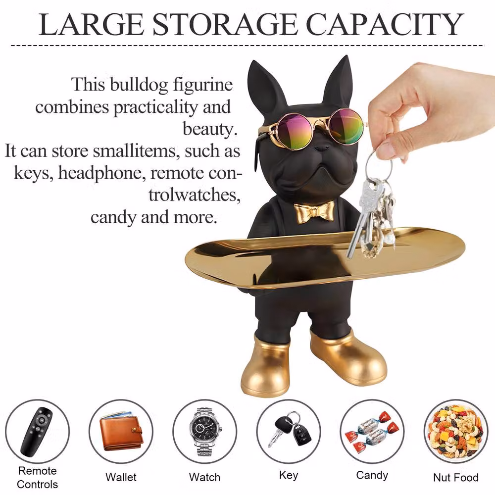 Huhote Black Bulldog Resin Statue Candy Dish and Key Holder Tabletop Decor – 6