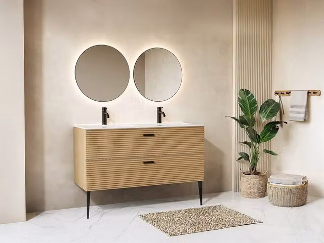 Vente-unique Ribbed Freestanding Bathroom Vanity Unit with Inset Basin and 2 Drawers in Light Oak, W/D/H: 120 x 46 x 55 cm