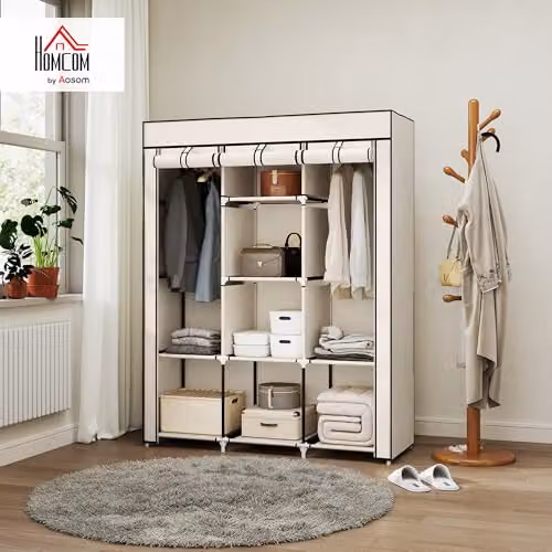 HOMCOM White Fabric Wardrobe with Internal Shelves and Hanging Rod, W/D/H: 125 x 43 x 162.5 cm – 2