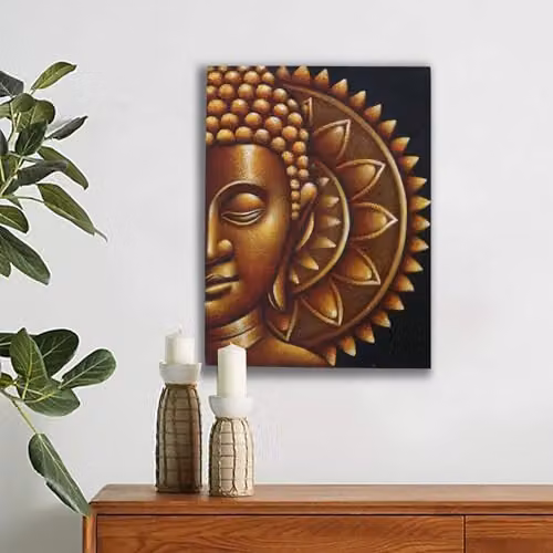 Ancient Wisdom Gold Half Buddha Mandala Canvas Wall Hanging, Brown, W: 60 cm, H: 80 cm – 2