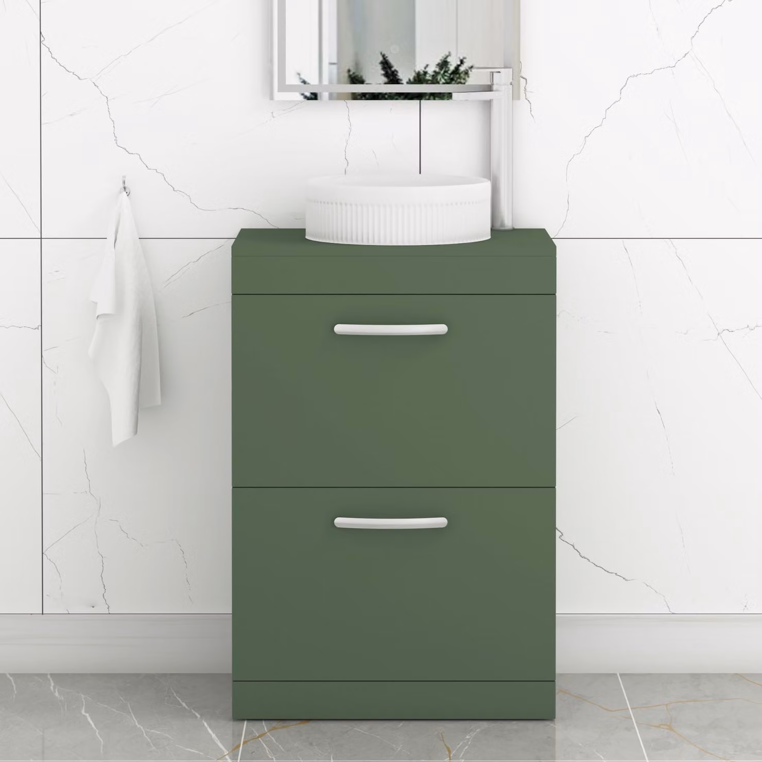 Royal Bathrooms Turin 500mm Floor Standing 2 Drawer Vanity Unit in Matt Green with Round Countertop Basin and Matt Black Handles