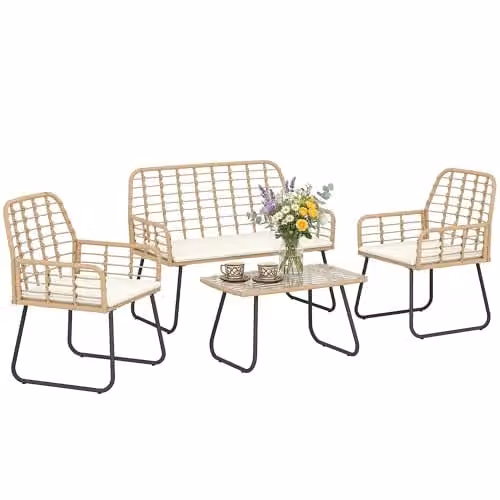 Outsunny 4 Piece Rattan Garden Furniture Set with 2 Seater Sofa, Coffee Table and Beige Cushions in Brown