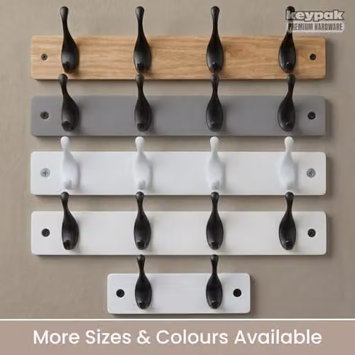 Keypak Modern Wall Mounted Coat Rack with 4 Matte Black Hooks on Ash Effect Wooden Board, W: 42 cm, H: 12 cm, D: 4 cm – 4