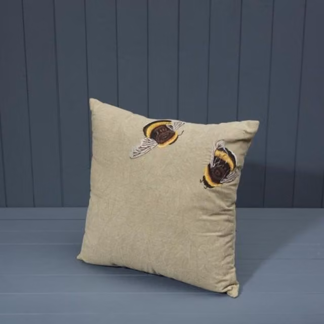 Beige Handmade Cotton Embroidered Square Cushion with Filling and Removable Washable Cover