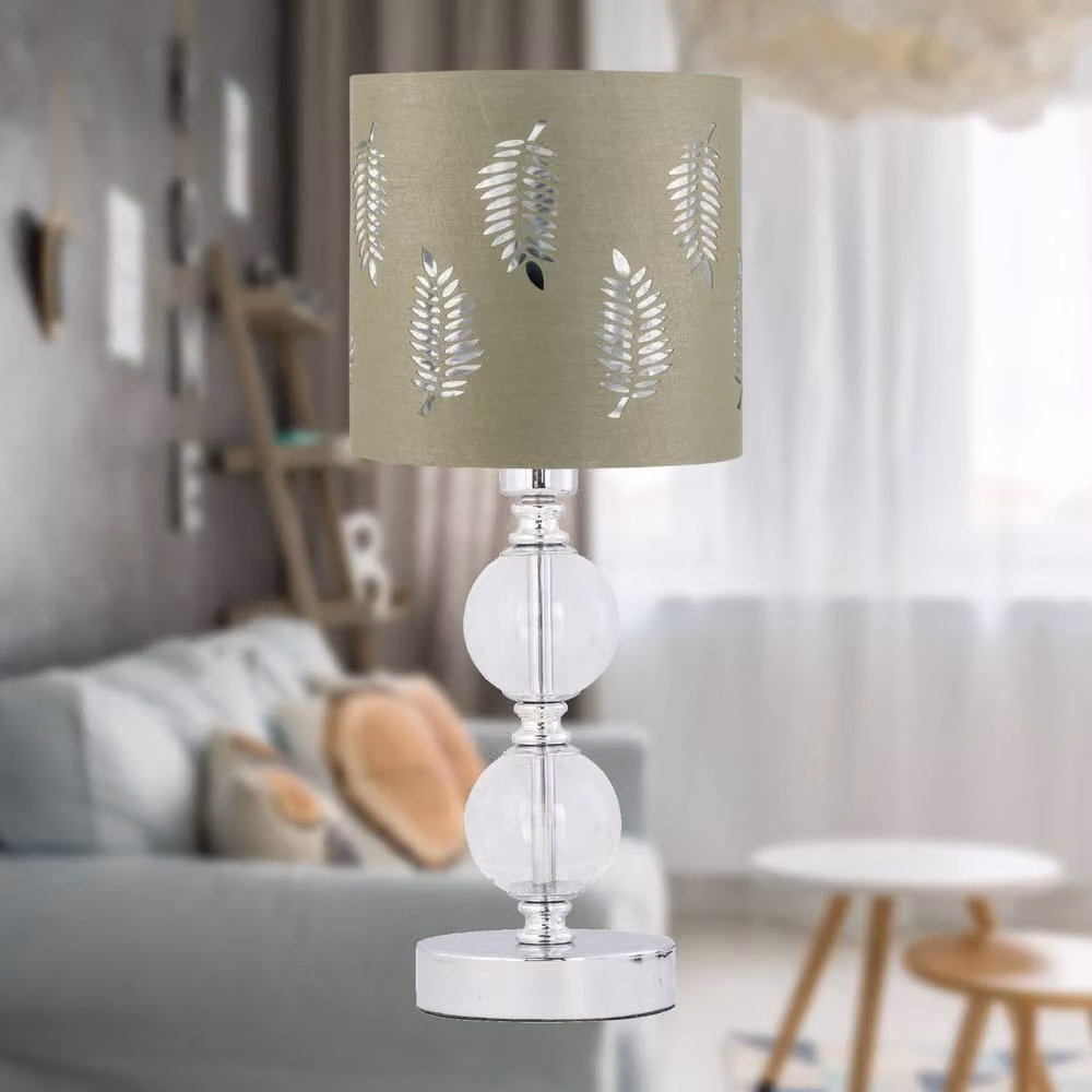 First Choice Lighting Set of 2 Chrome Two Ball Table Lamps with Sage Green Fabric Fern Shades – 2