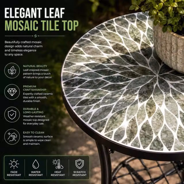 Shatchi Leaf Mosaic Plant Stand Side Table with Multicolour Ceramic Tile Seat and Metal Frame