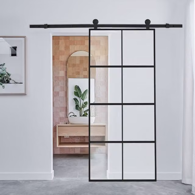 Livingandhome Black Industrial Sliding Barn Door with Clear Glass and Aluminium Frame and Hardware Kit