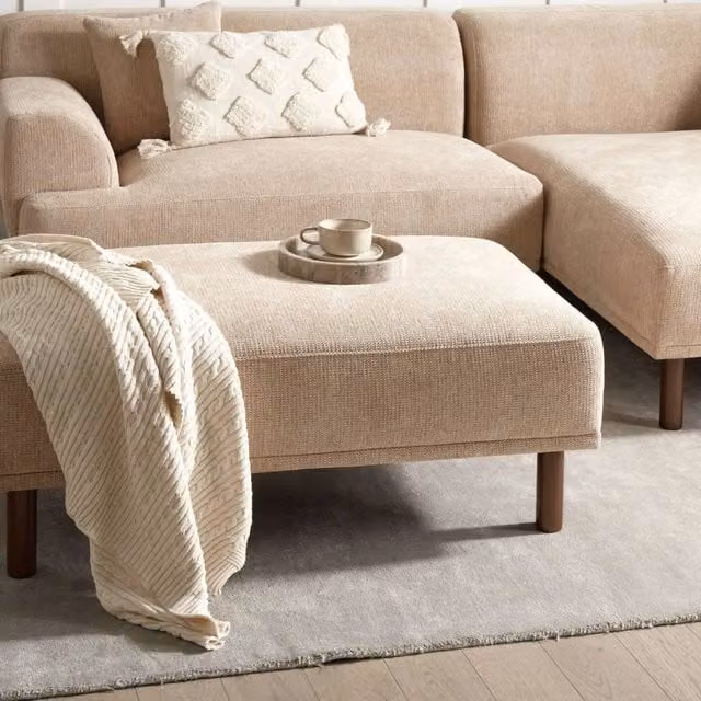 Wyld and Coco Beige Water-Repellent Rectangular Ottoman with Eucalyptus Wood Legs W/D/H: 67 x 44 x 44 cm