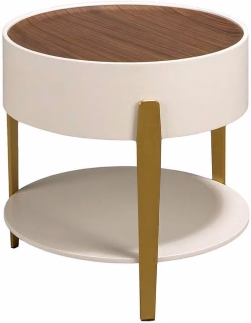 Angel Cerda Round Side Table with Walnut Veneer Top and Gold Base in Beige and Gold