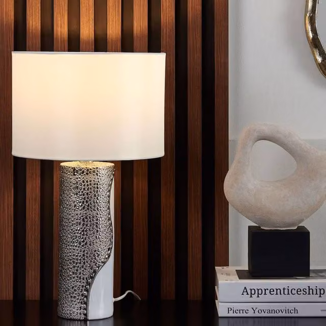 Wyld and Coco White Ceramic Pillar Table Lamp with Faux Silk Drum Shade – 1