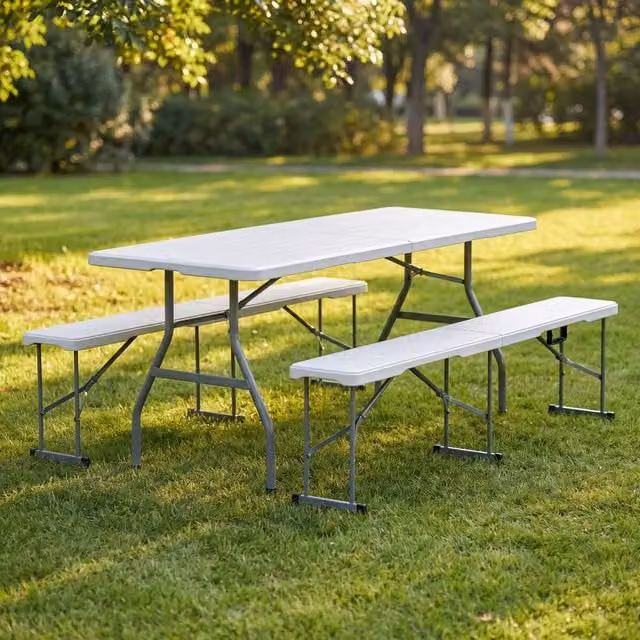 HD Designs White Garden Folding Table and Set of 2 Folding Benches – 1