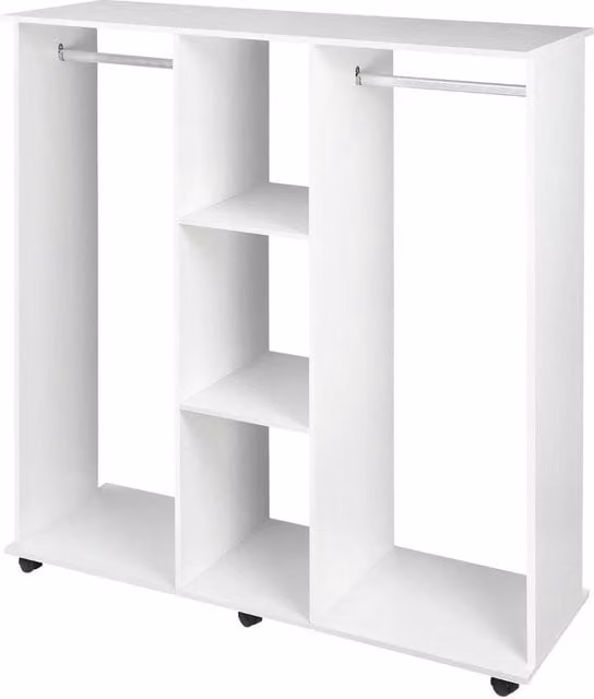 FORGEVIO Mobile Double Open Wardrobe in White with Internal Shelves and Hanging Rod, W/D/H: 120 x 40 x 128 cm