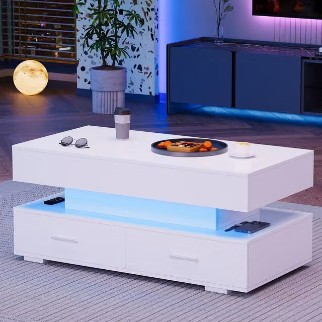 Aosom.UK White Hydraulic Lift Top Coffee Table with LED Lighting and 2 Drawers, W: 100 cm, D: 50 cm, H: 44 cm – 1