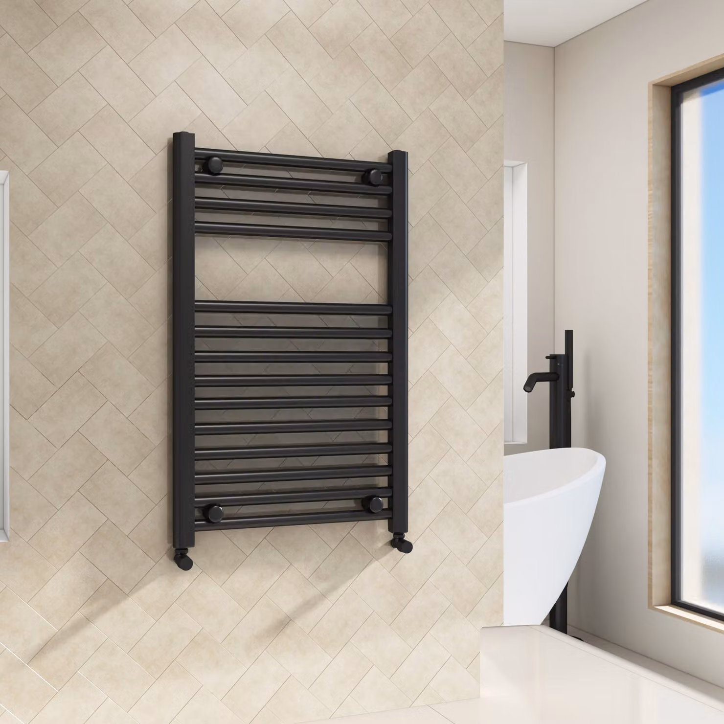 Royal Bathrooms Porto Heated Towel Rail Straight Ladder, Matt Black, W: 50 cm, H: 80 cm