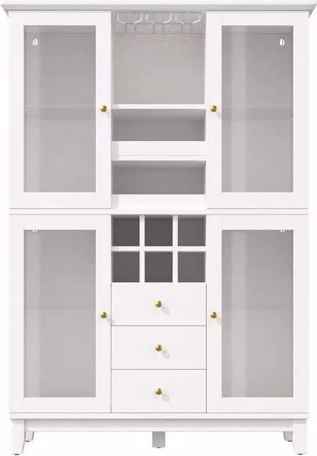 PAWNORA Modern White Matt Display Cabinet with Glass Doors, Integrated Lighting and Bottle Rack, H 180.5 x W 120.0 cm – 1