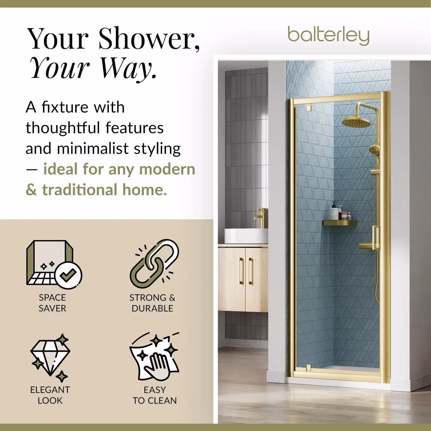Balterley 6mm Glass Reversible Pivot Shower Door, Brushed Brass, W: 760 mm, H: 1900 mm – 2