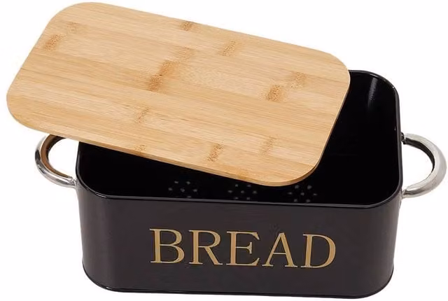Living and Home Metal Bread Box in Black with Reversible Bamboo Lid and Handles – 1