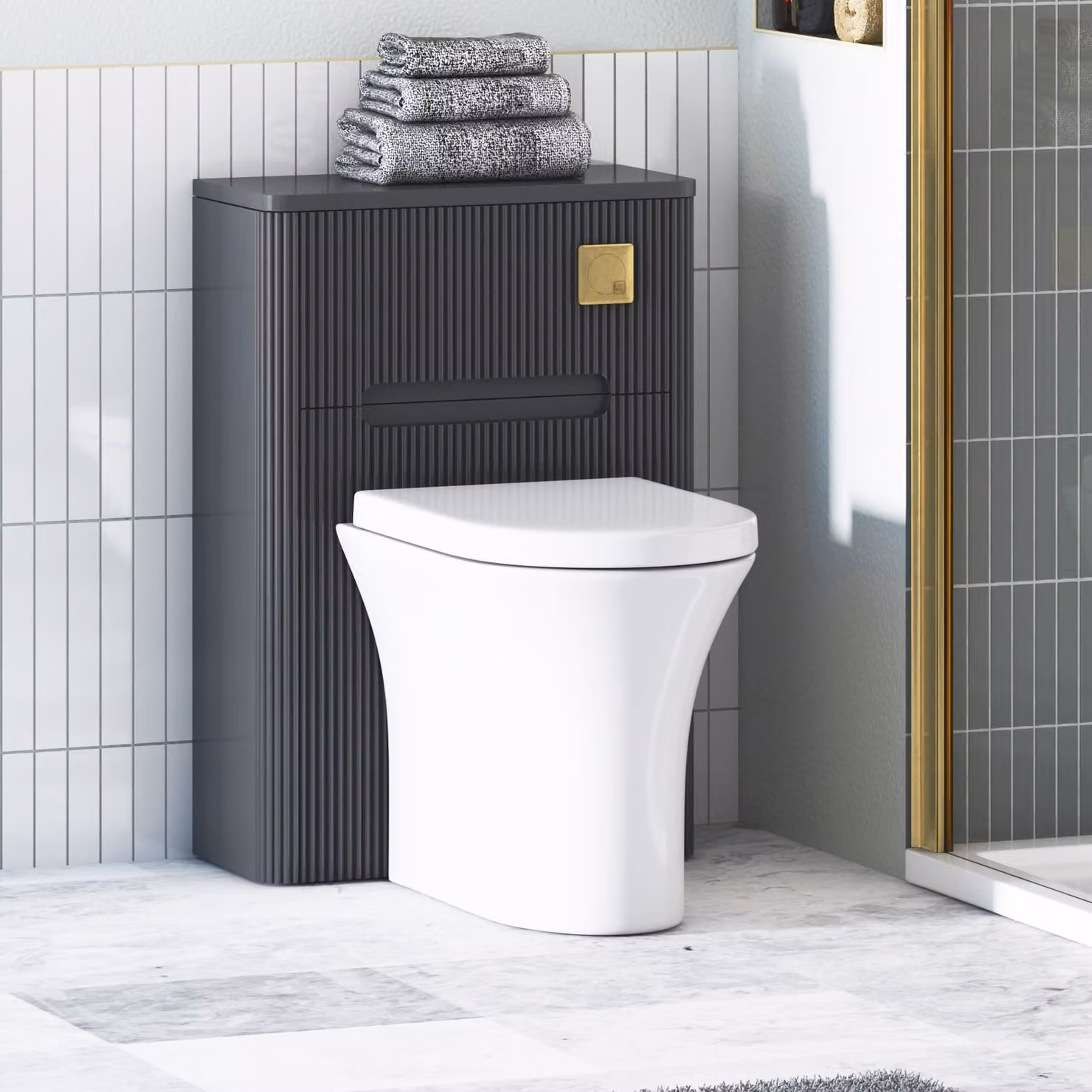 Avenza Matt Obsidian Black BTW WC Unit with Breeze Rimless Ceramic Toilet Pan, Seat and Cistern, Width: 55 cm