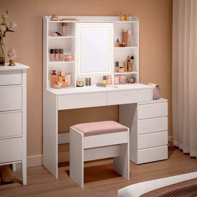 VASAGLE Modern Makeup Dressing Table with Hollywood LED Lighting in White
