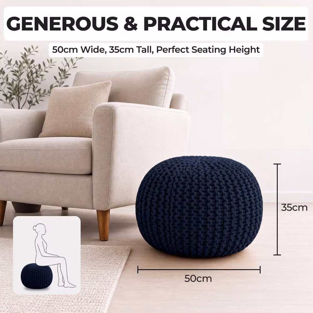 Bravich LTD Chunky Knitted Cotton Round Pouffe Footstool in Blue, Diameter: 50 cm – 4