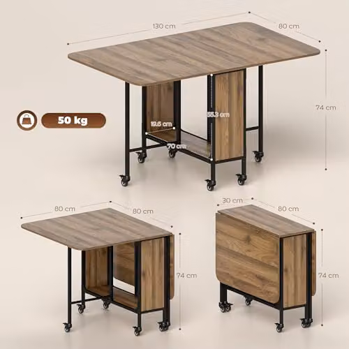 HOMCOM Mobile Folding Dining Table for 6, Brown Wood Grain Drop Leaf Extendable Design with Castors, W/D/H: 130 x 80 x 74 cm – 3