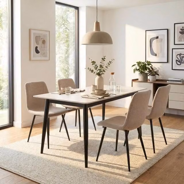 FWStyle Set of 4 Industrial Dining Chairs in Brown Fabric with Black Metal Legs