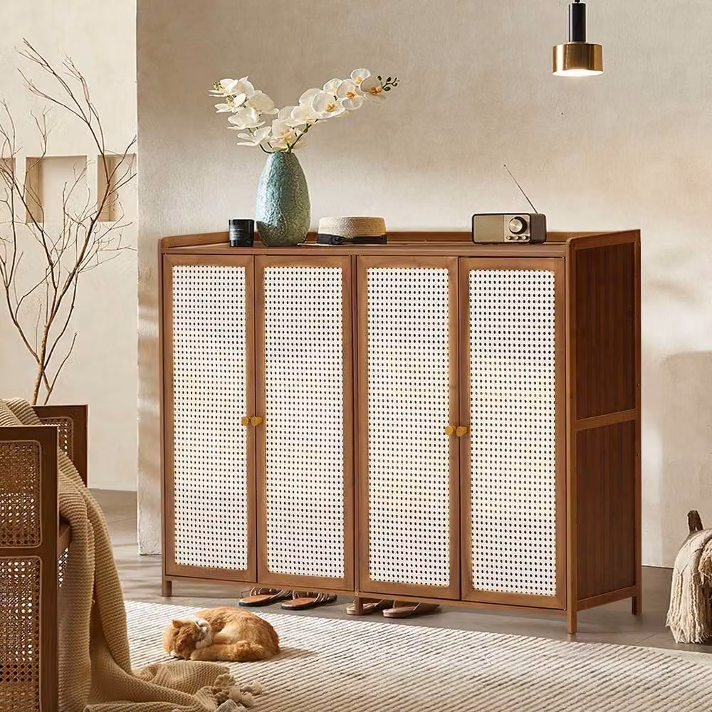 EONLION Brown Rattan Shoe Cabinet Storage Organiser with 4 Hinged Doors, Width: 100 cm – 4