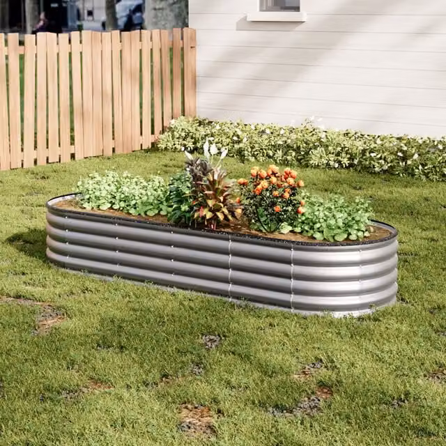 Lifeideas Silver Oval Steel Raised Metal Flower Bed with 2 Support Rods