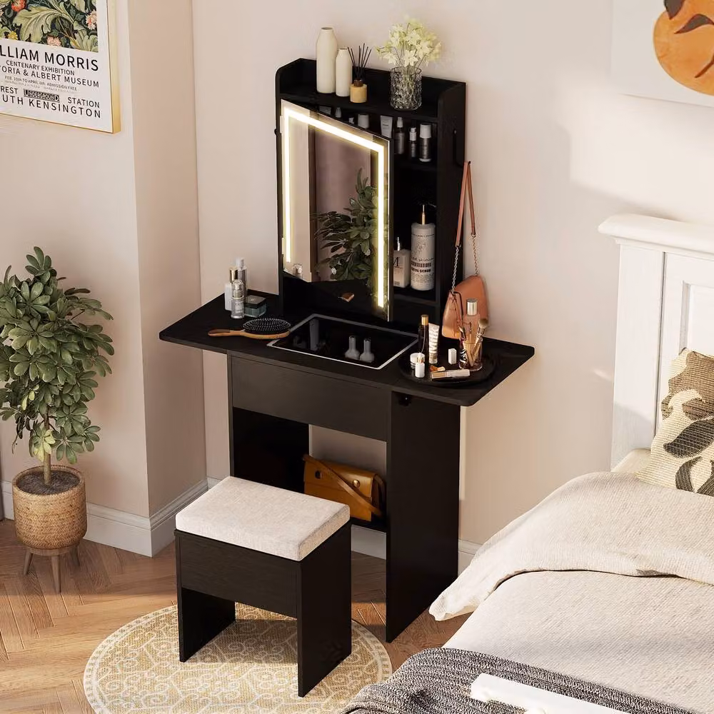 Costway Modern Black Dressing Table and Stool Set with Hollywood LED Lights and Charging Station – 3