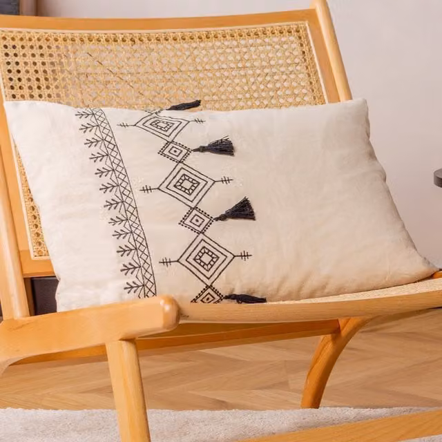 Furn Pritta Bohemian Geometric Embroidered Cotton Tassel Trim Cushion, Beige, W: 60 cm, H: 40 cm, D: 40 cm