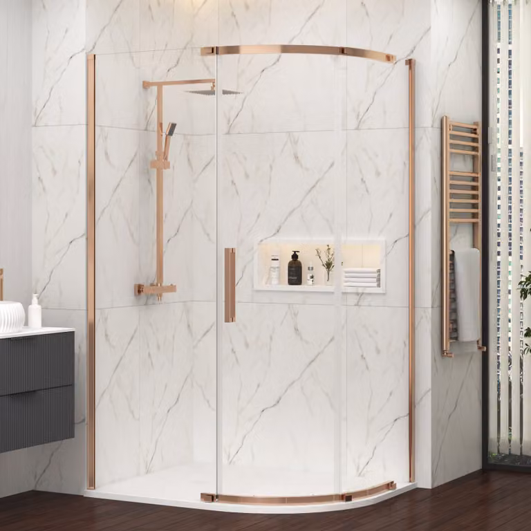 Royal Bathrooms Chelsea Single Door Offset Quadrant Shower Enclosure with White Mineral Cast Stone Tray, Brushed Bronze, W: 120 cm, D: 80 cm, H: 195 cm