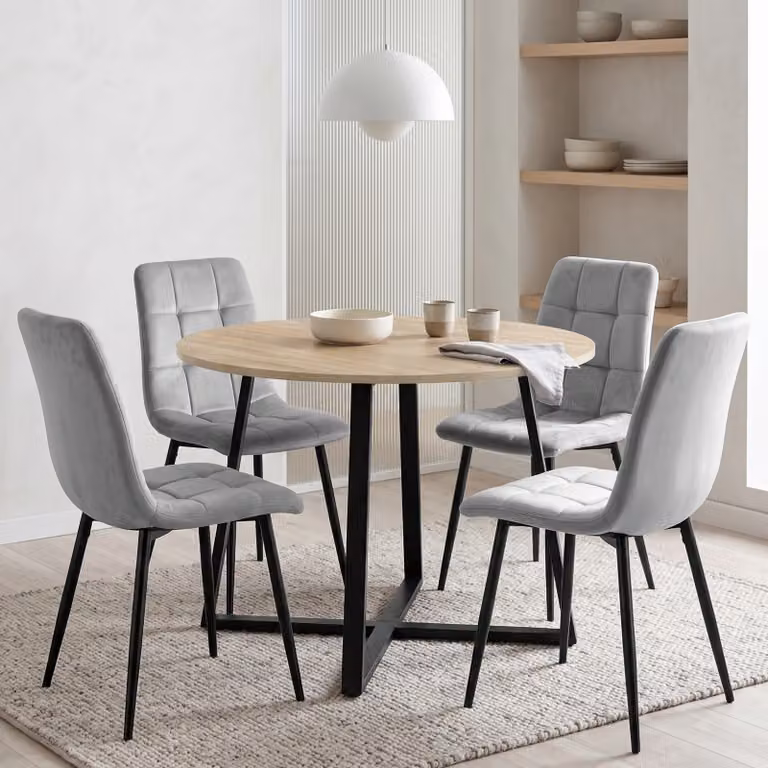 Kyvon Round Dining Table Set with 4 Chairs in Sonoma Oak Effect and Light Grey, Diameter: 110 cm, Height: 75 cm