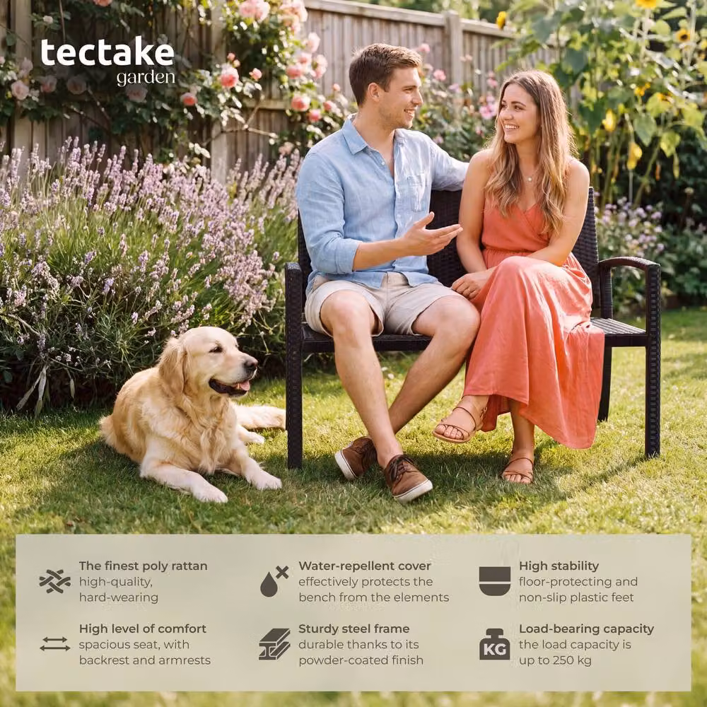 tectake Murat 2-Seater Rattan Garden Bench in Matt Black – 2