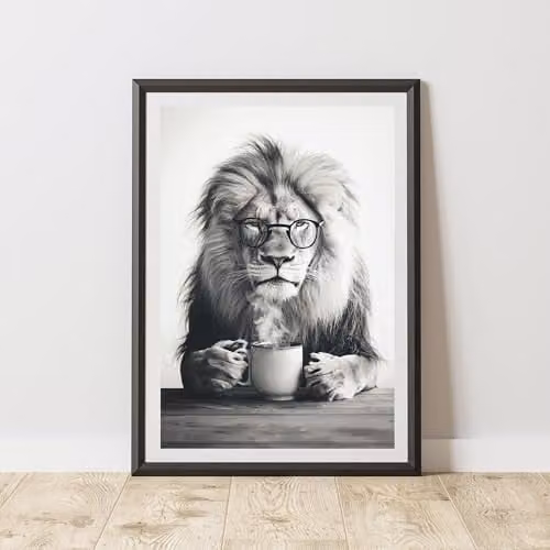 60 Second Makeover Funny Lion Drinking Coffee Multicolour Paper Poster, A4