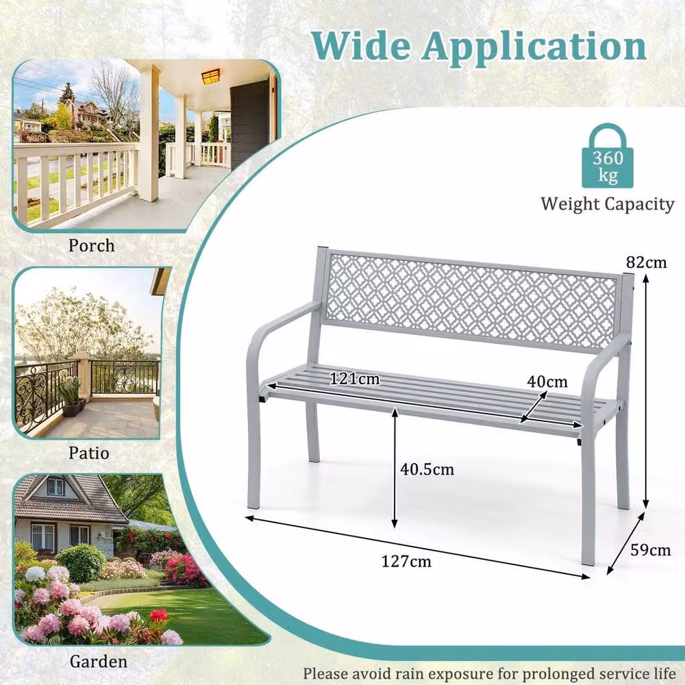 NESTLUNE Modern Grey Metal Outdoor Garden Bench with Slatted Seat, W: 100 cm, D: 15 cm, H: 127 cm – 2
