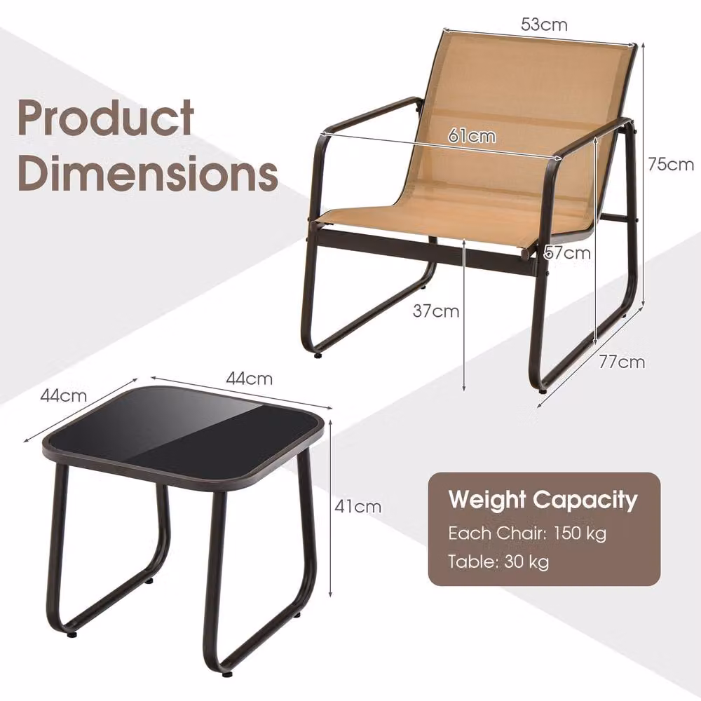 Gymax 3 Piece Brown Metal Patio Conversation Set with Tempered Glass Table and Textilene Armchairs – 2