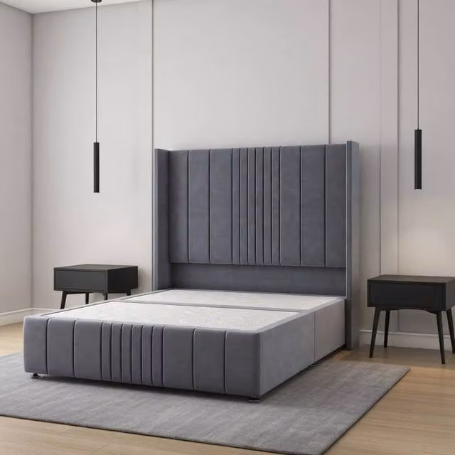 Regional Furnishings Charcoal Grey Velvet Upholstered Small Double Divan Bed with 54 inch Headboard and 12 inch Footboard, W/D/H: 120 x 200 cm