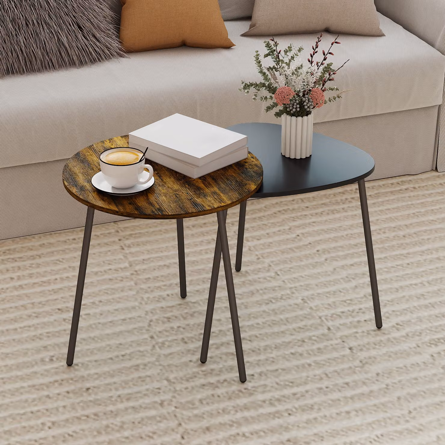 HOMCOM Nesting Side Table Set of 2 in Rustic Brown with Round Matt Tops and Black Metal Legs – 2