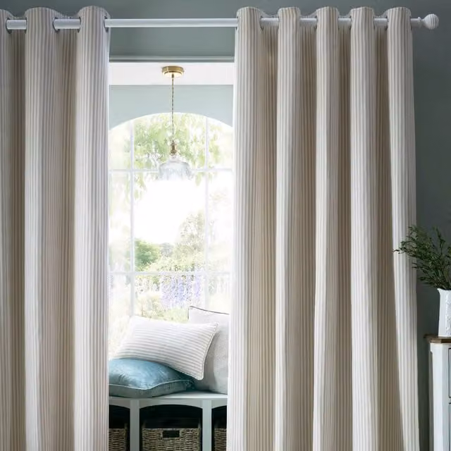 Laura Ashley Cornish Chenille Striped Eyelet Curtains in Beige