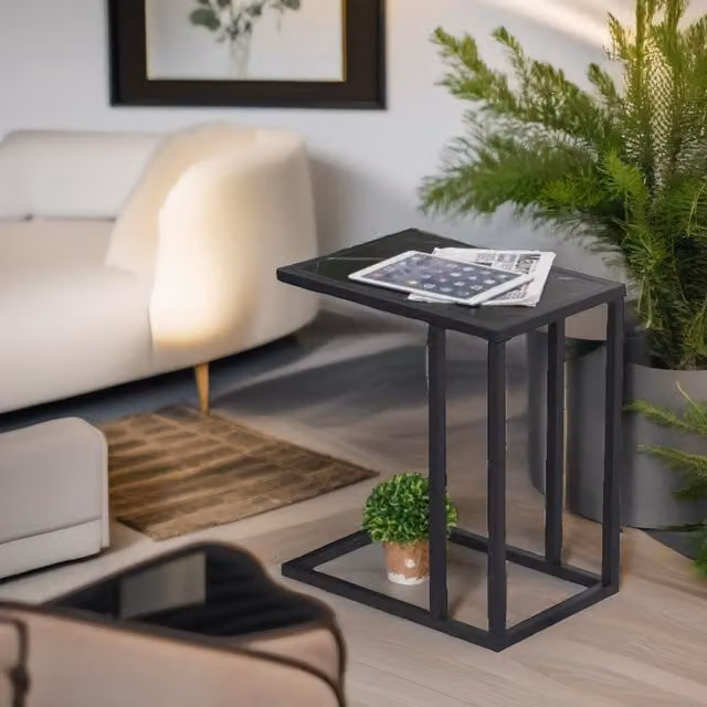 Pirlo Plush Industrial C Shaped Side Table in Black Marble Effect W/D/H: 30 x 30 x 51.5 cm – 1