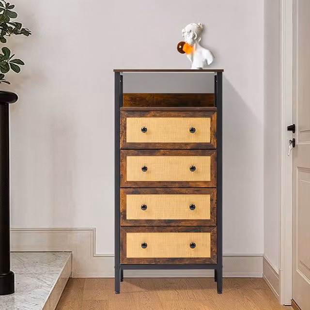 Livingandhome Multi-Tier Narrow Rustic Rattan Storage Cabinet with Drawers and Open Shelf, Brown/Black, Height: 126 cm