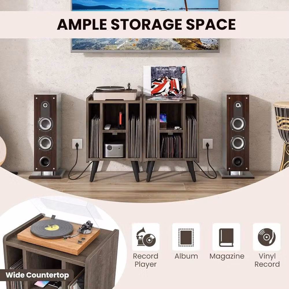 VOGREX Grey Vinyl Record Turntable Storage Stand with Media Compartments – 5