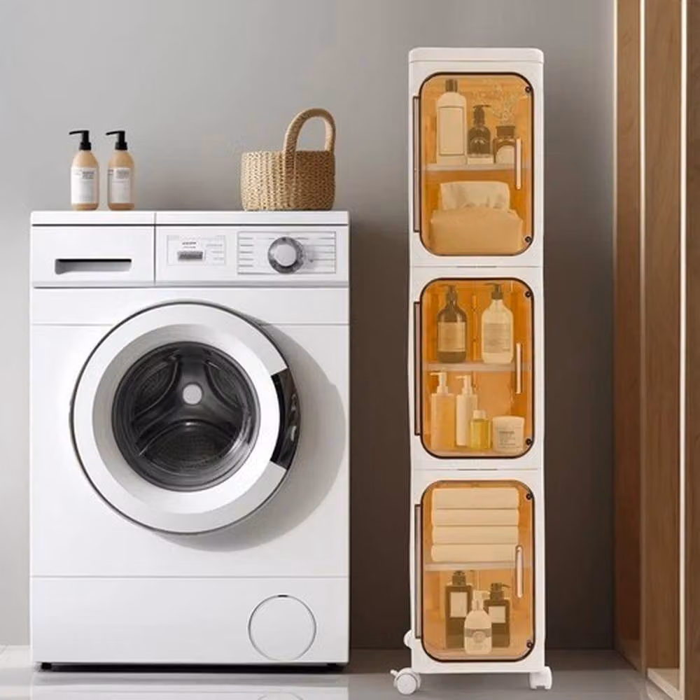Ventryn 3 Tier Narrow Freestanding Bathroom Storage Cabinet with Wheels and Glass Hinged Doors in Beige – 3